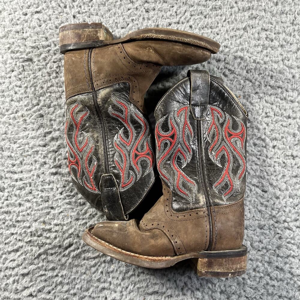 Old West Kids Western Cowboy Boots Youth Size 9 D Brown Red Flame Stitch
